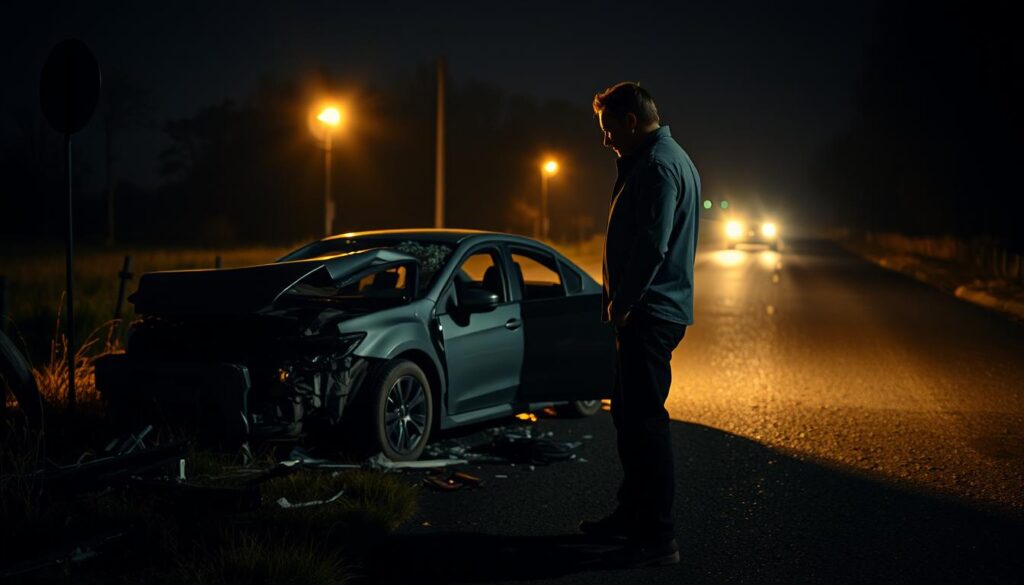 A wrecked sedan rests on the side of a dimly lit country road, surrounded by shattered glass and debris. In the foreground, a distraught driver stands beside the crumpled vehicle, hands trembling as they assess the damage. The scene is bathed in the warm glow of emergency lights, casting dramatic shadows and highlighting the gravity of the situation. The mood is one of shock and uncertainty, as the driver contemplates the immediate next steps to address their wellbeing and secure the accident site. A sense of urgency permeates the atmosphere, underscoring the importance of swift, decisive action to mitigate the stress and potential health concerns in the aftermath of the collision. A wrecked sedan rests on the side of a dimly lit country road, surrounded by shattered glass and debris. In the foreground, a distraught driver stands beside the crumpled vehicle, hands trembling as they assess the damage. The scene is bathed in the warm glow of emergency lights, casting dramatic shadows and highlighting the gravity of the situation. The mood is one of shock and uncertainty, as the driver contemplates the immediate next steps to address their wellbeing and secure the accident site. A sense of urgency permeates the atmosphere, underscoring the importance of swift, decisive action to mitigate the stress and potential health concerns in the aftermath of the collision.