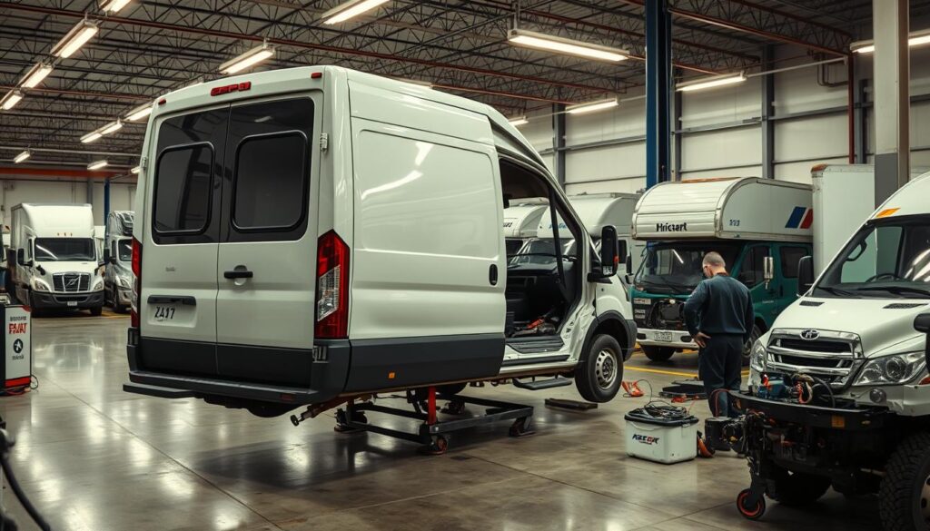 An auto repair shop with a fleet of commercial vehicles undergoing collision repairs. The foreground shows a large panel van with extensive body damage, partially disassembled as technicians work on it. The middle ground features other commercial vehicles like box trucks and delivery vans, some in various stages of repair. The background depicts the well-equipped workshop, with hydraulic lifts, specialized tools, and lighting fixtures illuminating the scene. The overall mood conveys a sense of efficiency and professionalism, as the skilled mechanics expertly handle the fleet's collision repair needs.