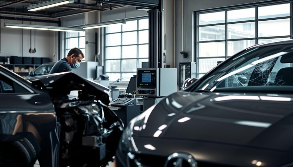 An automotive repair shop, well-lit and equipped with state-of-the-art tools. In the foreground, a technician carefully inspects a damaged vehicle, meticulously assessing the extent of the collision damage. In the middle ground, a modern, high-tech calibration station stands ready, its instruments poised to ensure the proper functioning of the vehicle's advanced driver-assistance systems (ADAS) after the repair. In the background, a large window showcases the facility's windshield replacement capabilities, with technicians expertly replacing a cracked windshield, ensuring the safety and integrity of the vehicle's sensors. The scene conveys a sense of professionalism, attention to detail, and the integration of collision repair and ADAS calibration for the ultimate in customer safety and satisfaction. An automotive repair shop, well-lit and equipped with state-of-the-art tools. In the foreground, a technician carefully inspects a damaged vehicle, meticulously assessing the extent of the collision damage. In the middle ground, a modern, high-tech calibration station stands ready, its instruments poised to ensure the proper functioning of the vehicle's advanced driver-assistance systems (ADAS) after the repair. In the background, a large window showcases the facility's windshield replacement capabilities, with technicians expertly replacing a cracked windshield, ensuring the safety and integrity of the vehicle's sensors. The scene conveys a sense of professionalism, attention to detail, and the integration of collision repair and ADAS calibration for the ultimate in customer safety and satisfaction.