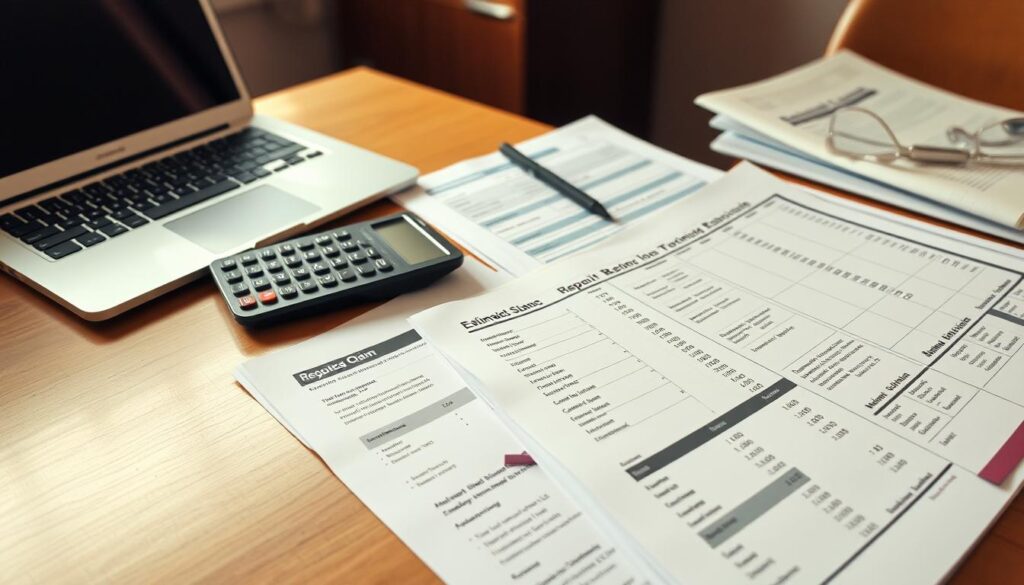 An office desk with a laptop, a calculator, and stacks of documents detailing estimates, costs, and repair options. The lighting is warm and inviting, creating a professional yet approachable atmosphere. The documents are meticulously organized, reflecting the careful consideration and negotiation process involved in determining the optimal repair plan. The overall scene conveys a sense of analytical decision-making, with the details of the estimates and repair bill taking center stage, highlighting the complex considerations that go into resolving an automotive insurance claim.