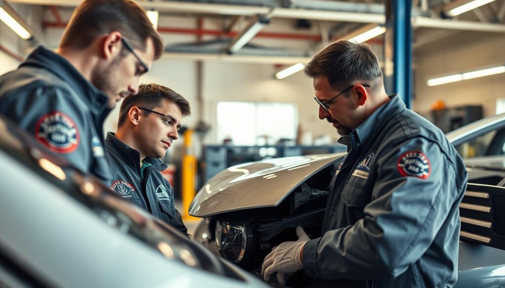 Certified collision repair technicians expertly inspecting a damaged vehicle in a well-lit auto shop. High-angle view showcasing their focus and precision as they assess the extent of the repairs required. Uniforms with logos indicate their professional certification and expertise. Detailed tools and equipment visible in the background, conveying the advanced nature of their craft. Warm, inviting lighting creates a sense of trust and reliability. Crisp, high-quality rendering of the scene to showcase the technicians' skills and the quality of their work. Certified collision repair technicians expertly inspecting a damaged vehicle in a well-lit auto shop. High-angle view showcasing their focus and precision as they assess the extent of the repairs required. Uniforms with logos indicate their professional certification and expertise. Detailed tools and equipment visible in the background, conveying the advanced nature of their craft. Warm, inviting lighting creates a sense of trust and reliability. Crisp, high-quality rendering of the scene to showcase the technicians' skills and the quality of their work.