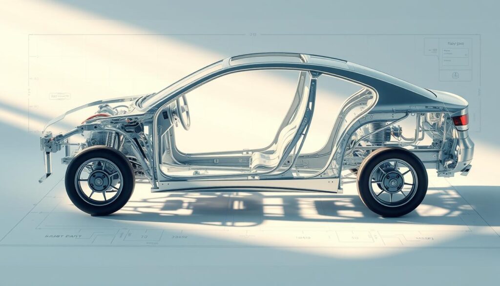 Detailed automotive blueprint of a car frame in pristine condition, showcasing the intricate structural components. Highlighted in a soft, natural lighting that accentuates the clean lines and angles. Rendered with a high-quality, technical illustration style, capturing the precision and engineering prowess of the design. The frame is positioned in a slightly elevated perspective, allowing for a comprehensive view of the integral parts. Subtle shadows and reflections add depth and dimension, emphasizing the frame's solidity and resilience. The overall mood is one of professionalism, stability, and the reassurance of a well-engineered, structurally sound vehicle.