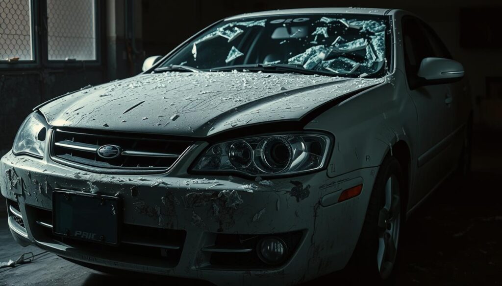 Detailed exterior of a sedan with significant structural and cosmetic damage from a severe hailstorm. The front and sides of the vehicle feature numerous large dents and craters, with shattered glass in the headlights and windows. The paint is severely scratched and chipped, exposing the underlying metal. The vehicle is parked in a dimly lit garage, casting dramatic shadows and highlights that accentuate the damage. The scene is captured with a wide-angle lens, providing a comprehensive view of the vehicle's battered condition. The overall mood is one of dilapidation and the tangible impact of the hailstorm's force on the car's integrity. Detailed exterior of a sedan with significant structural and cosmetic damage from a severe hailstorm. The front and sides of the vehicle feature numerous large dents and craters, with shattered glass in the headlights and windows. The paint is severely scratched and chipped, exposing the underlying metal. The vehicle is parked in a dimly lit garage, casting dramatic shadows and highlights that accentuate the damage. The scene is captured with a wide-angle lens, providing a comprehensive view of the vehicle's battered condition. The overall mood is one of dilapidation and the tangible impact of the hailstorm's force on the car's integrity.