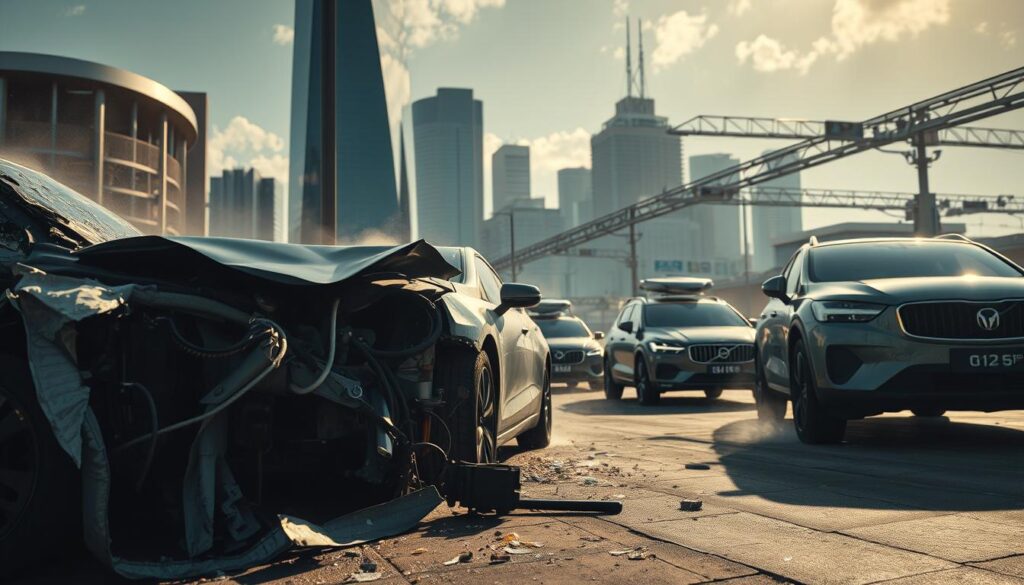 Prompt A complex scene of auto collision trends in the year 2025, captured with a cinematic wide-angle lens. In the foreground, twisted metal and shattered glass depict the aftermath of a high-speed impact. In the middle ground, an array of advanced safety sensors and cameras adorn the vehicles, suggesting the latest collision avoidance technologies. The background showcases the evolving urban landscape of San Antonio, with sleek skyscrapers and futuristic infrastructure. Dramatic lighting casts long shadows, creating a sense of dynamism and urgency. The overall atmosphere conveys the rapid advancements in automotive safety and the changing face of auto body repair in the years to come. Prompt A complex scene of auto collision trends in the year 2025, captured with a cinematic wide-angle lens. In the foreground, twisted metal and shattered glass depict the aftermath of a high-speed impact. In the middle ground, an array of advanced safety sensors and cameras adorn the vehicles, suggesting the latest collision avoidance technologies. The background showcases the evolving urban landscape of San Antonio, with sleek skyscrapers and futuristic infrastructure. Dramatic lighting casts long shadows, creating a sense of dynamism and urgency. The overall atmosphere conveys the rapid advancements in automotive safety and the changing face of auto body repair in the years to come.