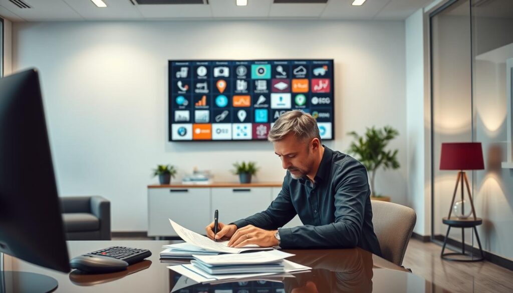 Sleek office interior with modern furniture and design elements. A focused individual sits at a desk, carefully reviewing insurance documents and policies. Behind them, a wall-mounted display showcases various insurance-related icons and graphics, providing a visual aid for the claims assistance process. Soft, diffused lighting illuminates the scene, creating a professional and trustworthy atmosphere. The composition emphasizes the importance of guidance and expertise in navigating the complexities of insurance claims, reflecting the section title "Navigating Insurance Policies and Claims Assistance". Sleek office interior with modern furniture and design elements. A focused individual sits at a desk, carefully reviewing insurance documents and policies. Behind them, a wall-mounted display showcases various insurance-related icons and graphics, providing a visual aid for the claims assistance process. Soft, diffused lighting illuminates the scene, creating a professional and trustworthy atmosphere. The composition emphasizes the importance of guidance and expertise in navigating the complexities of insurance claims, reflecting the section title "Navigating Insurance Policies and Claims Assistance".