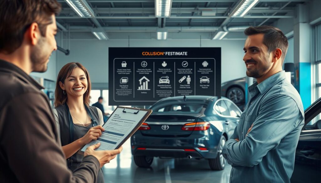 a photorealistic digital painting of a modern auto body shop interior, with a focus on the free collision estimate process. In the foreground, a friendly customer service representative is greeting a customer and providing them with paperwork and a clipboard to initiate the free estimate process. The middle ground features a large digital display showcasing the step-by-step workflow, including vehicle inspection, damage assessment, and cost estimate generation. In the background, technicians can be seen working on vehicles, conveying the efficiency and professionalism of the shop. The lighting is bright and natural, creating a welcoming and trustworthy atmosphere. The camera angle is slightly elevated to provide an inviting overview of the entire scene.