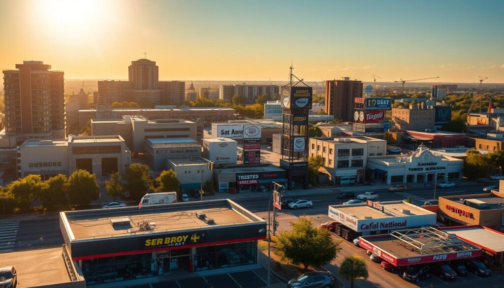 A bustling cityscape of San Antonio, the sun casting a warm glow across the well-maintained auto repair shops dotting the landscape. In the foreground, a modern, state-of-the-art facility stands out, its glass facade reflecting the surrounding buildings. In the middle ground, a mix of independent mechanics and trusted national chains, all conveniently located for easy access. The background features the iconic Tower of the Americas and the distant Alamo, creating a sense of place and pride. The overall atmosphere is one of efficiency, reliability, and a commitment to serving the needs of the local community.