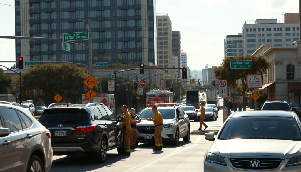 A busy city intersection in Bexar County, with cars, SUVs, and trucks navigating the roads. In the foreground, a group of emergency responders - firefighters, police officers, and paramedics - work together to secure the scene of a minor accident. The middle ground features directional signs, speed limit markers, and pedestrian crossings, all designed to promote safe driving. In the background, a mix of modern high-rise buildings and quaint local shops, bathed in the warm glow of the afternoon sun. The overall mood is one of community, with a focus on the collaborative efforts to ensure the safety of all who travel through this vibrant urban landscape. A busy city intersection in Bexar County, with cars, SUVs, and trucks navigating the roads. In the foreground, a group of emergency responders - firefighters, police officers, and paramedics - work together to secure the scene of a minor accident. The middle ground features directional signs, speed limit markers, and pedestrian crossings, all designed to promote safe driving. In the background, a mix of modern high-rise buildings and quaint local shops, bathed in the warm glow of the afternoon sun. The overall mood is one of community, with a focus on the collaborative efforts to ensure the safety of all who travel through this vibrant urban landscape.