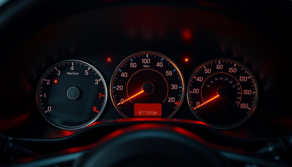 A detailed dashboard view showcasing a prominent check engine light. The dashboard is meticulously rendered, with an array of gauges, dials, and indicators in a clean, high-contrast design. The check engine light glows an ominous amber, commanding the viewer's attention. The scene is captured under bright, direct lighting that casts sharp shadows, emphasizing the depth and texture of the dashboard elements. The overall mood is one of concern and unease, hinting at the potential hidden issues that may lie beneath the surface. A detailed dashboard view showcasing a prominent check engine light. The dashboard is meticulously rendered, with an array of gauges, dials, and indicators in a clean, high-contrast design. The check engine light glows an ominous amber, commanding the viewer's attention. The scene is captured under bright, direct lighting that casts sharp shadows, emphasizing the depth and texture of the dashboard elements. The overall mood is one of concern and unease, hinting at the potential hidden issues that may lie beneath the surface.