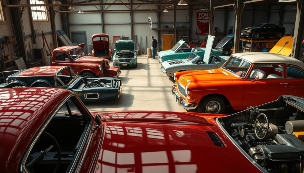 A detailed, high-resolution image showcasing the striking transformations of classic vehicles undergoing meticulous restoration. The foreground features a selection of expertly refurbished cars, their vibrant colors and pristine interiors shining under natural lighting. The middle ground reveals partially disassembled vehicles in various stages of the restoration process, exposing the intricate mechanical components. The background depicts a well-equipped workshop, with tools, parts, and a sense of industrious activity. The overall atmosphere conveys a sense of pride, craftsmanship, and the rewarding process of bringing vintage automobiles back to their former glory.