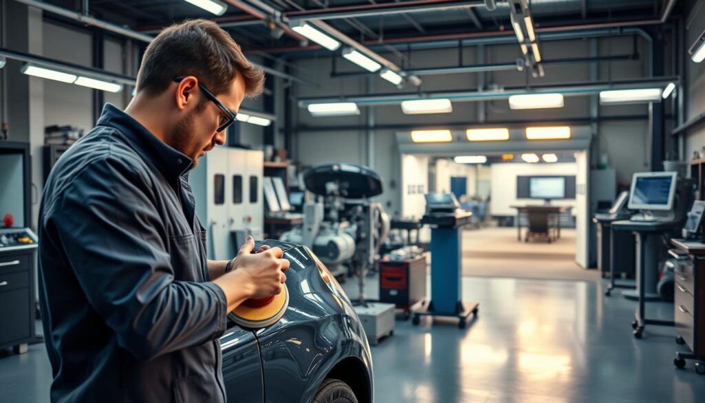 A high-quality car collision repair shop with meticulous attention to detail. In the foreground, a skilled technician meticulously sands and polishes the freshly repaired panel, ensuring a flawless finish. The middle ground features various state-of-the-art tools and equipment, including a cutting-edge paint booth and specialized diagnostic machines, all working in harmony to restore the vehicle to its pre-collision condition. The background showcases a clean, well-organized workspace, with an emphasis on organization and efficiency. Soft, warm lighting casts a reassuring glow, reflecting the care and precision that goes into every repair. The overall atmosphere conveys a sense of professionalism, expertise, and a unwavering commitment to delivering superior results. A high-quality car collision repair shop with meticulous attention to detail. In the foreground, a skilled technician meticulously sands and polishes the freshly repaired panel, ensuring a flawless finish. The middle ground features various state-of-the-art tools and equipment, including a cutting-edge paint booth and specialized diagnostic machines, all working in harmony to restore the vehicle to its pre-collision condition. The background showcases a clean, well-organized workspace, with an emphasis on organization and efficiency. Soft, warm lighting casts a reassuring glow, reflecting the care and precision that goes into every repair. The overall atmosphere conveys a sense of professionalism, expertise, and a unwavering commitment to delivering superior results.