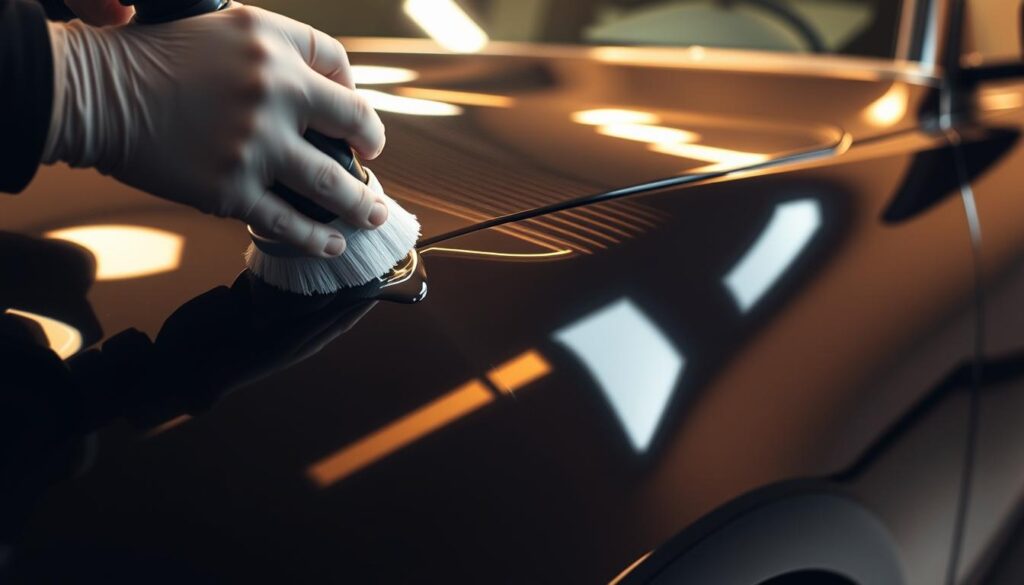 A high-quality ceramic coating being applied to the glossy, freshly-detailed surface of a luxury automobile, capturing the process of enhancing vehicle appearance. The paint gleams under warm, diffused studio lighting, showcasing the deep, reflective finish. The application is performed by a skilled auto detailer, their movements precise and deliberate as they work the clear, viscous coating across the car's panels. The end result is a mirror-like shine, offering superior protection and a premium, showroom-ready appearance. A high-quality ceramic coating being applied to the glossy, freshly-detailed surface of a luxury automobile, capturing the process of enhancing vehicle appearance. The paint gleams under warm, diffused studio lighting, showcasing the deep, reflective finish. The application is performed by a skilled auto detailer, their movements precise and deliberate as they work the clear, viscous coating across the car's panels. The end result is a mirror-like shine, offering superior protection and a premium, showroom-ready appearance.