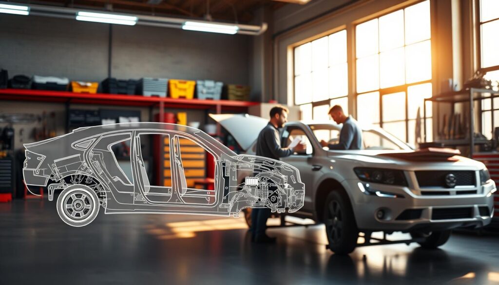 A modern auto repair shop, bathed in warm, natural light from large windows. In the foreground, a detailed schematic diagram of a vehicle's frame and body components, highlighting areas prone to damage. In the middle ground, a technician carefully inspecting a car, taking measurements and making notes. In the background, shelves stocked with an array of specialized tools and equipment, conveying the complexity and precision required for collision repair. The overall scene evokes a sense of professionalism, expertise, and the myriad factors that can influence the duration of a repair process. A modern auto repair shop, bathed in warm, natural light from large windows. In the foreground, a detailed schematic diagram of a vehicle's frame and body components, highlighting areas prone to damage. In the middle ground, a technician carefully inspecting a car, taking measurements and making notes. In the background, shelves stocked with an array of specialized tools and equipment, conveying the complexity and precision required for collision repair. The overall scene evokes a sense of professionalism, expertise, and the myriad factors that can influence the duration of a repair process.