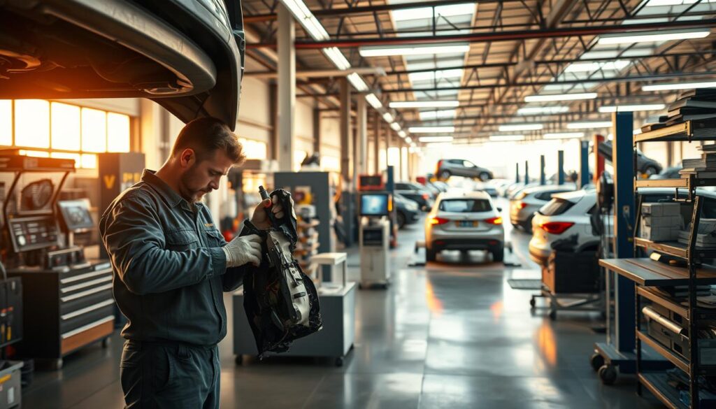 A modern auto repair workshop bathed in warm, natural lighting. In the foreground, a mechanic efficiently uses specialized tools to swiftly disassemble a car's damaged panel. The middle ground showcases a well-organized workspace with shelves of replacement parts, diagnostic equipment, and a computer display showing real-time repair progress. In the background, an efficient workflow is evident, with cars moving smoothly through various repair stations. The atmosphere exudes a sense of professionalism, organization, and a relentless focus on expediting the vehicle repair process. A modern auto repair workshop bathed in warm, natural lighting. In the foreground, a mechanic efficiently uses specialized tools to swiftly disassemble a car's damaged panel. The middle ground showcases a well-organized workspace with shelves of replacement parts, diagnostic equipment, and a computer display showing real-time repair progress. In the background, an efficient workflow is evident, with cars moving smoothly through various repair stations. The atmosphere exudes a sense of professionalism, organization, and a relentless focus on expediting the vehicle repair process.