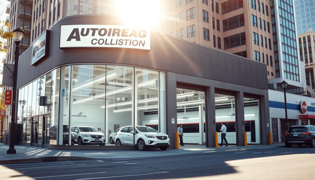 A modern, well-lit auto repair shop nestled in a bustling urban setting. The exterior features a prominent sign and large windows showcasing the workshop's clean, organized interior. Customers can easily access the location, with ample parking and clear signage guiding them. The building's architecture blends seamlessly with the surrounding cityscape, creating a professional and approachable atmosphere. Sunlight streams in, illuminating the pristine work bays and state-of-the-art equipment, conveying an air of efficiency and expertise. The prompt aims to depict a convenient, customer-focused collision center that inspires confidence and reliability.