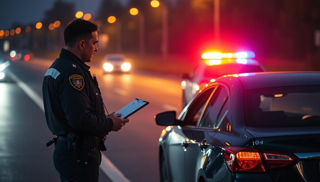 A police officer standing at the side of the road, speaking with a driver whose car has been involved in a minor collision. The officer is taking notes on a clipboard, while the driver gestures animatedly, recounting the details of the accident. In the background, the wrecked vehicles are visible, with their hazard lights blinking. The scene is illuminated by the flashing lights of a police car parked nearby, casting a warm glow over the entire tableau. The overall atmosphere is one of calm professionalism, as the authorities work to document the incident and ensure the safety of those involved. A police officer standing at the side of the road, speaking with a driver whose car has been involved in a minor collision. The officer is taking notes on a clipboard, while the driver gestures animatedly, recounting the details of the accident. In the background, the wrecked vehicles are visible, with their hazard lights blinking. The scene is illuminated by the flashing lights of a police car parked nearby, casting a warm glow over the entire tableau. The overall atmosphere is one of calm professionalism, as the authorities work to document the incident and ensure the safety of those involved.