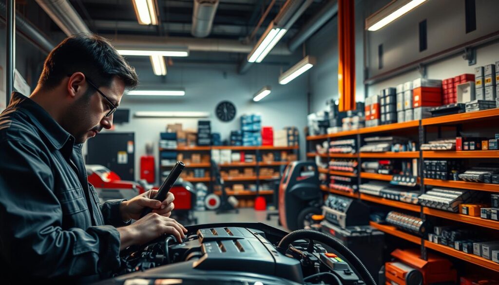 A pristine auto repair shop, bathed in warm, focused lighting. In the foreground, a skilled technician meticulously examines an engine, using high-precision diagnostic tools. The middle ground showcases a variety of modern, state-of-the-art equipment, reflecting the shop's commitment to providing cutting-edge automotive solutions. In the background, neatly organized shelves display an impressive array of genuine replacement parts, ready to be quickly and expertly installed. The atmosphere conveys a sense of professionalism, efficiency, and a deep understanding of the unique needs of Northeast San Antonio drivers.