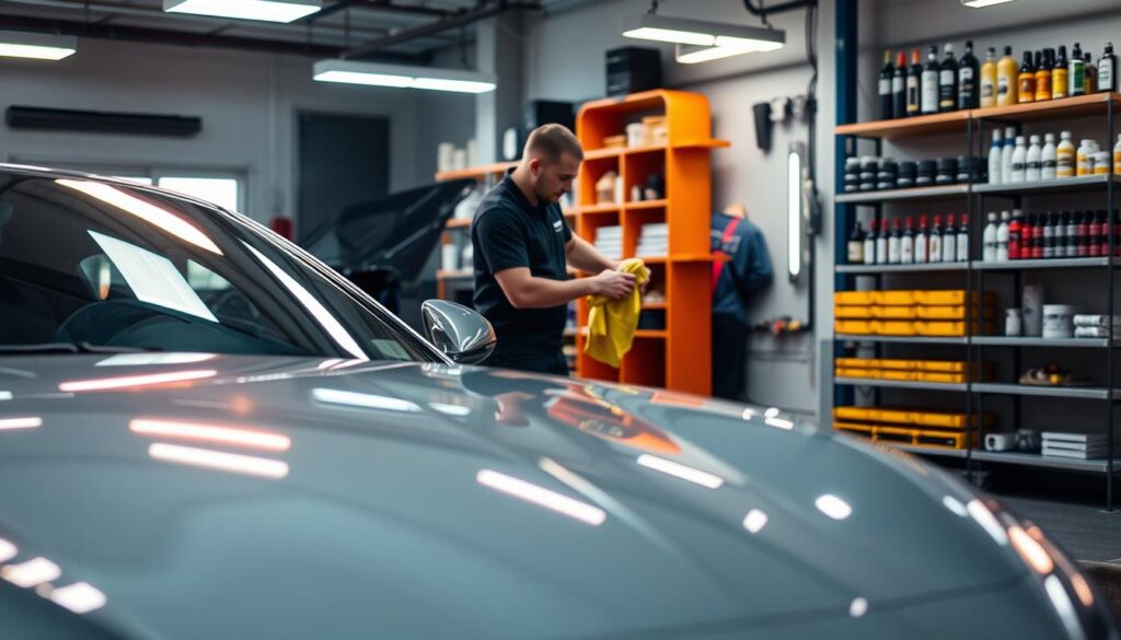 A professional car detailing service nestled in a well-lit, modern auto shop. In the foreground, a meticulously polished sports car gleams under warm, directional lighting, showcasing its clean and glossy exterior. In the middle ground, a skilled technician diligently applies a premium wax treatment, ensuring a showroom-ready shine. The background features neatly organized shelves stocked with high-quality detailing products and tools, conveying a sense of expertise and attention to detail. The overall atmosphere is one of care, precision, and a dedication to preserving the pristine condition of the vehicle.