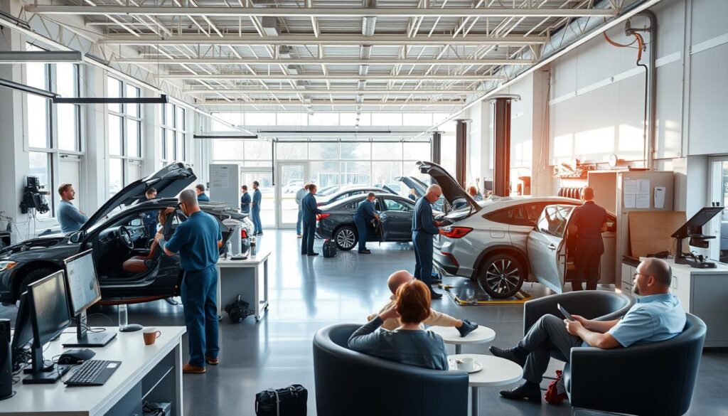 A sleek, modern auto repair shop with a bright, airy interior. A team of skilled technicians efficiently working on vehicles, using advanced tools and diagnostic equipment. Spotless workstations, organized parts, and a streamlined workflow create a sense of professionalism and expertise. Large windows allow natural light to flood the space, giving it a warm, welcoming ambiance. Customers sit comfortably in a lounge area, sipping coffee and reviewing repair details on digital displays. The entire scene conveys a seamless, high-quality service experience that prioritizes customer satisfaction. A sleek, modern auto repair shop with a bright, airy interior. A team of skilled technicians efficiently working on vehicles, using advanced tools and diagnostic equipment. Spotless workstations, organized parts, and a streamlined workflow create a sense of professionalism and expertise. Large windows allow natural light to flood the space, giving it a warm, welcoming ambiance. Customers sit comfortably in a lounge area, sipping coffee and reviewing repair details on digital displays. The entire scene conveys a seamless, high-quality service experience that prioritizes customer satisfaction.