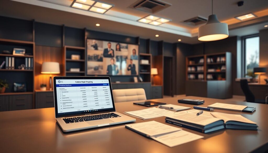 A sleek, modern office interior with a large desk showcasing various financial documents and paperwork related to collision repair financing options. In the foreground, a laptop displays an interactive interface with a range of payment plans and financing options. Surrounding the desk, shelves and cabinets hold organized files and reference materials. Warm, directional lighting from floor lamps and recessed ceiling fixtures creates a professional, inviting atmosphere. The overall scene conveys a sense of expertise, convenience, and customer-centric financial solutions for collision repair. A sleek, modern office interior with a large desk showcasing various financial documents and paperwork related to collision repair financing options. In the foreground, a laptop displays an interactive interface with a range of payment plans and financing options. Surrounding the desk, shelves and cabinets hold organized files and reference materials. Warm, directional lighting from floor lamps and recessed ceiling fixtures creates a professional, inviting atmosphere. The overall scene conveys a sense of expertise, convenience, and customer-centric financial solutions for collision repair.