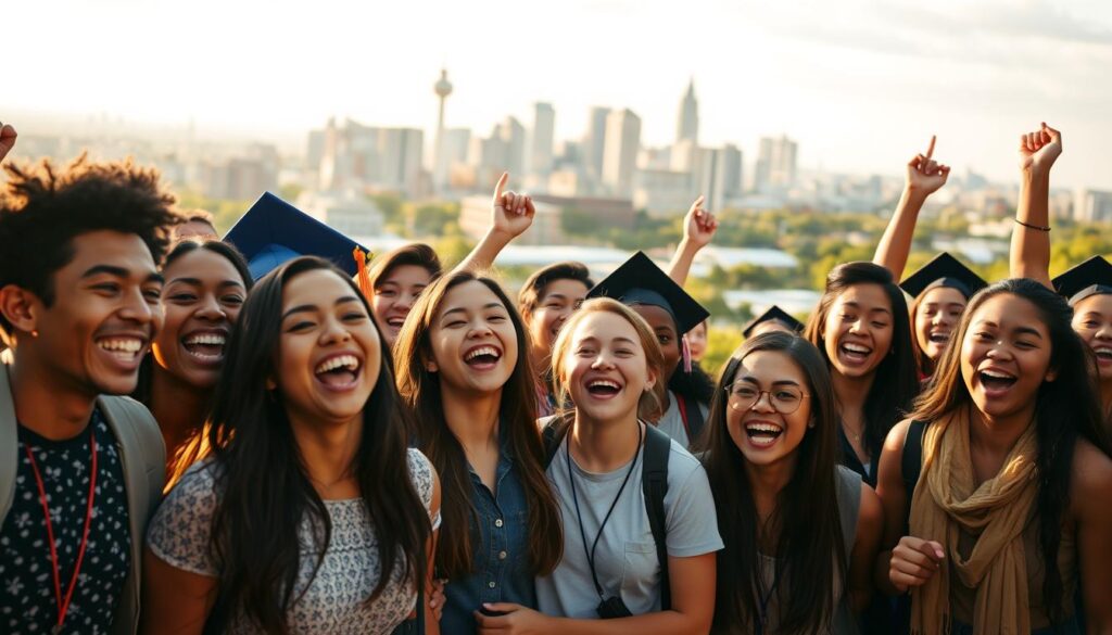 A warm, vibrant scene of student success stories in San Antonio. In the foreground, a group of diverse students, their faces alight with pride and excitement, celebrating academic achievements. In the middle ground, a backdrop of the city skyline, with iconic landmarks like the Tower of the Americas visible. The lighting is soft and golden, evoking a sense of optimism and possibility. The composition is dynamic, with the students' energy drawing the viewer in. The atmosphere is one of celebration, community, and the promise of a brighter future for these young people. A warm, vibrant scene of student success stories in San Antonio. In the foreground, a group of diverse students, their faces alight with pride and excitement, celebrating academic achievements. In the middle ground, a backdrop of the city skyline, with iconic landmarks like the Tower of the Americas visible. The lighting is soft and golden, evoking a sense of optimism and possibility. The composition is dynamic, with the students' energy drawing the viewer in. The atmosphere is one of celebration, community, and the promise of a brighter future for these young people.