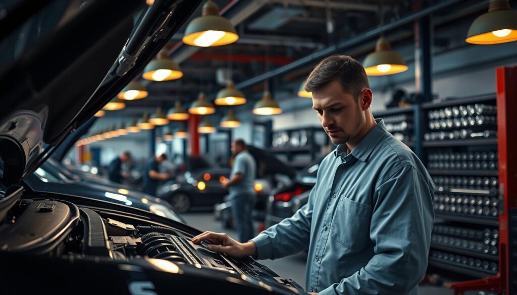 A well-equipped auto service center with modern tools and equipment, dimly lit by warm overhead lamps that cast a cozy glow. In the foreground, a mechanic in a clean uniform carefully inspects a car's engine, their face illuminated by the soft light. In the middle ground, other technicians work diligently on various vehicles, their movements precise and efficient. The background features a neatly organized parts storage area, with shelves of gleaming components and tools. The atmosphere conveys a sense of professionalism, expertise, and dedication to providing high-quality automotive care. A well-equipped auto service center with modern tools and equipment, dimly lit by warm overhead lamps that cast a cozy glow. In the foreground, a mechanic in a clean uniform carefully inspects a car's engine, their face illuminated by the soft light. In the middle ground, other technicians work diligently on various vehicles, their movements precise and efficient. The background features a neatly organized parts storage area, with shelves of gleaming components and tools. The atmosphere conveys a sense of professionalism, expertise, and dedication to providing high-quality automotive care.