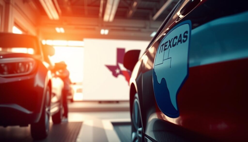 A well-lit and detailed illustration of Texas vehicle inspection standards. In the foreground, a car is undergoing a comprehensive safety inspection, with mechanics using advanced diagnostic tools to evaluate its components. In the middle ground, an official Texas inspection sticker is prominently displayed, highlighting the state's strict regulations. The background features the iconic Texas state flag and silhouettes of various vehicle types, conveying the breadth of the inspection process. The scene is captured through a clean, technical lens, emphasizing the importance of maintaining roadworthy vehicles in accordance with Texas transportation laws. A well-lit and detailed illustration of Texas vehicle inspection standards. In the foreground, a car is undergoing a comprehensive safety inspection, with mechanics using advanced diagnostic tools to evaluate its components. In the middle ground, an official Texas inspection sticker is prominently displayed, highlighting the state's strict regulations. The background features the iconic Texas state flag and silhouettes of various vehicle types, conveying the breadth of the inspection process. The scene is captured through a clean, technical lens, emphasizing the importance of maintaining roadworthy vehicles in accordance with Texas transportation laws.