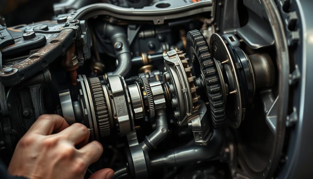 A well-lit, detailed close-up view of a vehicle's transmission casing, revealing the intricate gears, shafts, and clutches within. The transmission is disassembled, with a mechanic's hands and tools visible, inspecting the internal components for any signs of damage or wear. The scene conveys a sense of precision and care, as the mechanic meticulously examines the transmission to ensure its proper functioning and identify any hidden issues that could compromise the vehicle's safety and performance after a collision. A well-lit, detailed close-up view of a vehicle's transmission casing, revealing the intricate gears, shafts, and clutches within. The transmission is disassembled, with a mechanic's hands and tools visible, inspecting the internal components for any signs of damage or wear. The scene conveys a sense of precision and care, as the mechanic meticulously examines the transmission to ensure its proper functioning and identify any hidden issues that could compromise the vehicle's safety and performance after a collision.