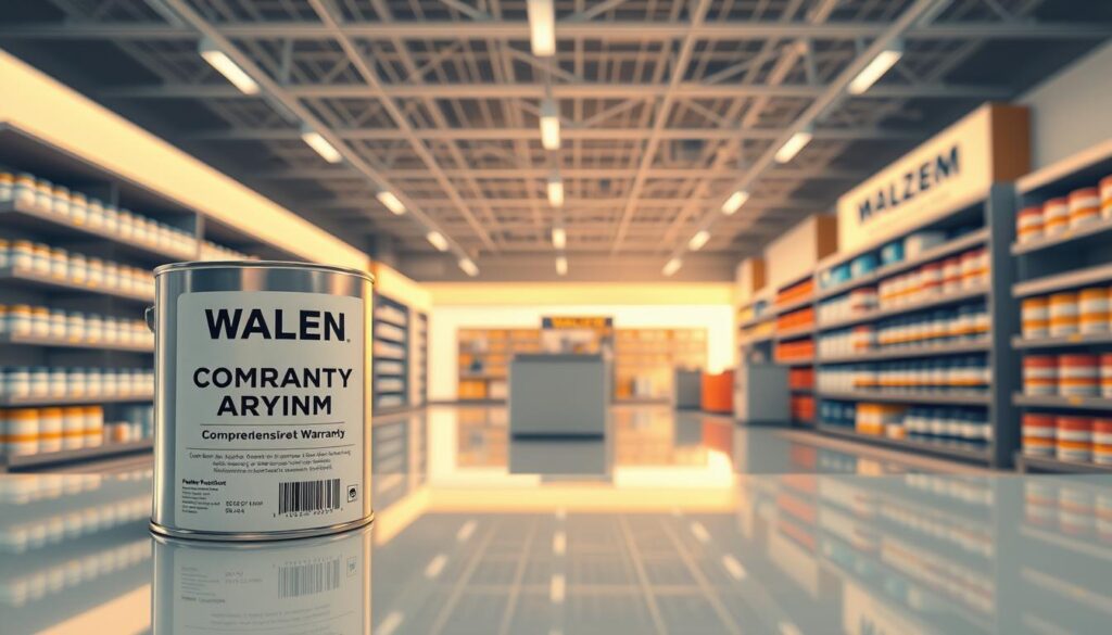 A well-lit, detailed illustration showcasing the comprehensive coverage details at the Walzem location. In the foreground, a meticulously rendered paint can sits atop a clean, reflective surface, its label prominently displaying the warranty information. The midground features a sleek, modern retail space with neatly arranged shelves, showcasing the wide range of paint products available. In the background, a panoramic view of the Walzem facility, its architectural details captured with precision, conveys a sense of scale and professionalism. The lighting is warm and inviting, creating a welcoming atmosphere that reflects the reliability and attention to detail of the warranty coverage.