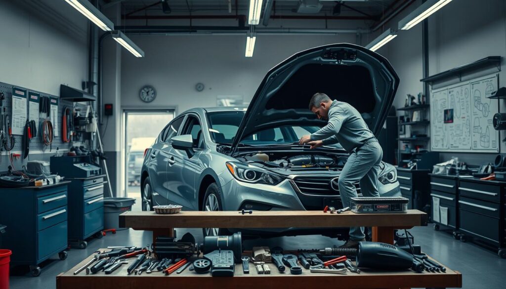A well-lit mechanic's workshop, with a mid-sized sedan parked in the center. On a sturdy workbench, an array of tools and car parts are neatly organized. A technician, clad in a clean, oil-stained uniform, is carefully inspecting the vehicle's engine. The walls are adorned with hanging posters and diagrams, providing helpful maintenance guidance. The scene exudes a sense of professionalism and attention to detail, capturing the essence of regular vehicle upkeep to maximize its lifespan. A well-lit mechanic's workshop, with a mid-sized sedan parked in the center. On a sturdy workbench, an array of tools and car parts are neatly organized. A technician, clad in a clean, oil-stained uniform, is carefully inspecting the vehicle's engine. The walls are adorned with hanging posters and diagrams, providing helpful maintenance guidance. The scene exudes a sense of professionalism and attention to detail, capturing the essence of regular vehicle upkeep to maximize its lifespan.