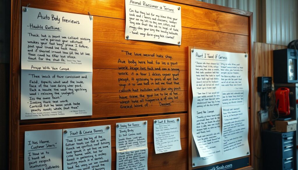 A well-lit, photorealistic image of an auto body shop's customer review board, featuring handwritten testimonials, printed customer feedback, and ratings displayed on a rustic wooden wall. The reviews cover various aspects of the shop's services, including paint repair, collision work, and customer service, showcasing the professionalism and attention to detail of the mechanics. The image has a warm, inviting atmosphere, with soft natural lighting illuminating the genuine, heartfelt customer experiences. A well-lit, photorealistic image of an auto body shop's customer review board, featuring handwritten testimonials, printed customer feedback, and ratings displayed on a rustic wooden wall. The reviews cover various aspects of the shop's services, including paint repair, collision work, and customer service, showcasing the professionalism and attention to detail of the mechanics. The image has a warm, inviting atmosphere, with soft natural lighting illuminating the genuine, heartfelt customer experiences.