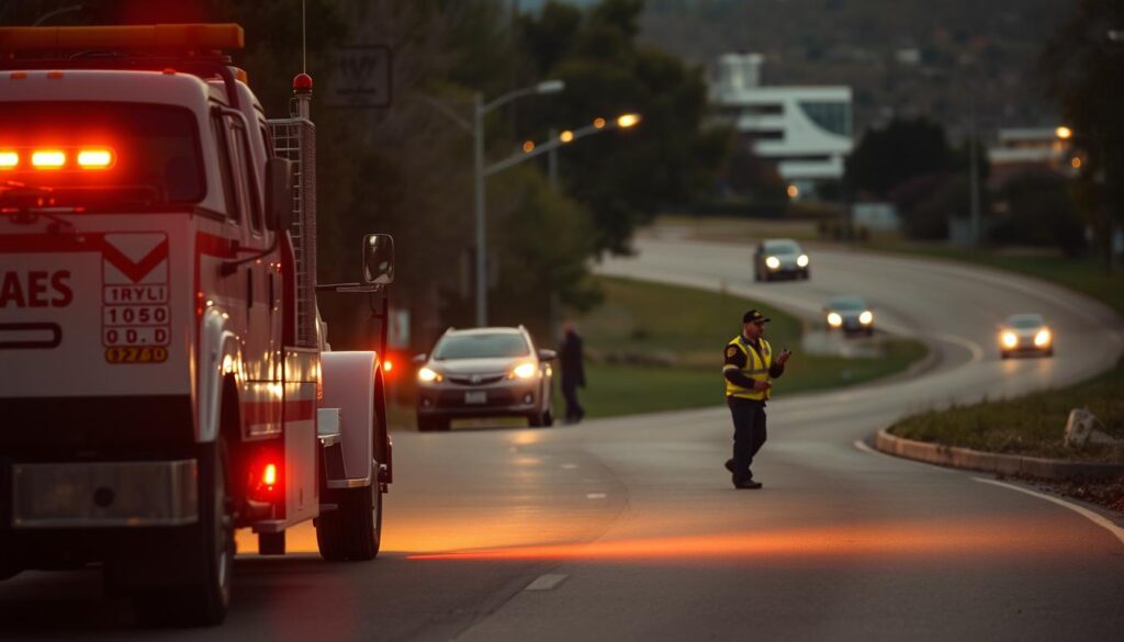 A well-lit, realistic scene of a roadside assistance service in action. In the foreground, a tow truck with its bright flashing lights is securely transporting a disabled vehicle. A uniformed service technician is visible, providing on-site repairs or assistance. In the middle ground, the road curves gently, with other vehicles passing by cautiously. The background depicts a typical suburban or small-town setting, with trees, streetlights, and buildings creating a sense of place. The overall mood is one of efficiency, safety, and professionalism, reflecting the reliable roadside services available to motorists.