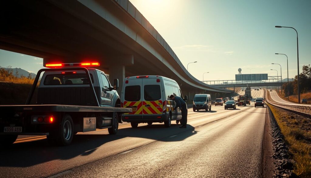 A well-lit roadside scene depicting a variety of emergency and towing services. In the foreground, a flatbed tow truck is positioned, its yellow lights flashing as it prepares to load a disabled vehicle. In the middle ground, a service van with its hazard lights on is parked, with a technician inspecting the undercarriage of a car. In the background, a highway overpass casts long shadows, and a mix of traffic and emergency vehicles can be seen in the distance. The overall mood is one of efficiency and professionalism, with a sense of urgency conveyed through the active scene.