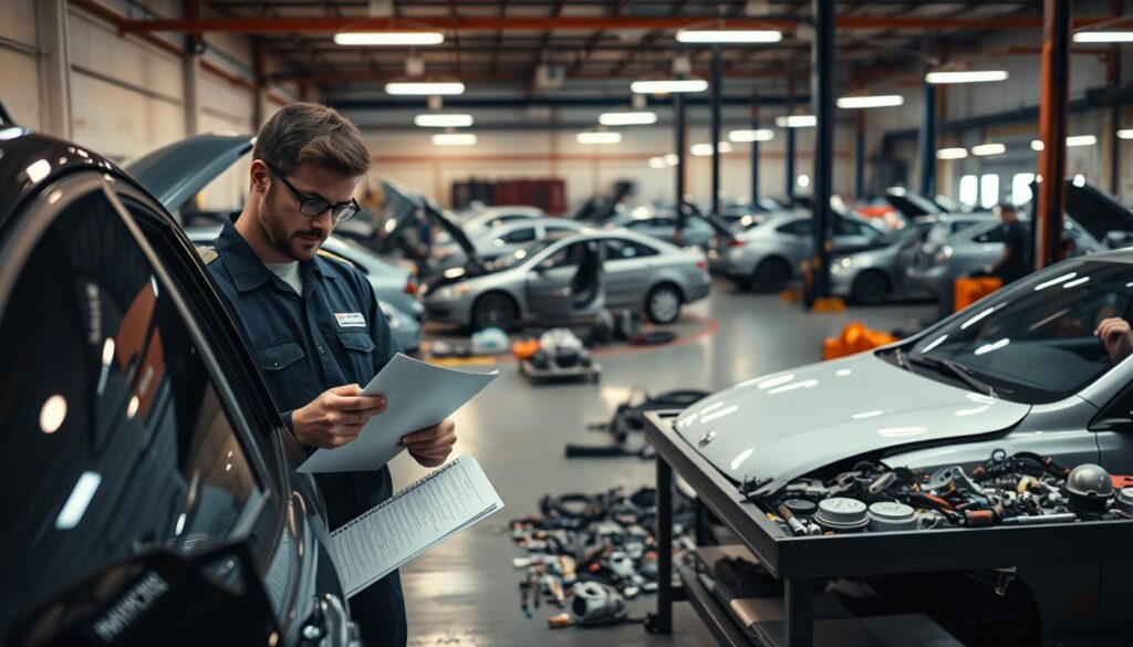 A workshop bay filled with tools and equipment, showcasing the different stages of the vehicle repair process. In the foreground, a technician carefully inspects a damaged vehicle, using a detailed checklist. In the middle ground, a parts counter displays an array of replacement components, while in the background, various repair bays are occupied by cars in various states of disrepair, with mechanics diligently working on them. The lighting is warm and focused, creating a sense of productivity and expertise. The composition emphasizes the progression of the repair workflow, from assessment to parts procurement to hands-on restoration, conveying the comprehensive nature of the collision repair process. A workshop bay filled with tools and equipment, showcasing the different stages of the vehicle repair process. In the foreground, a technician carefully inspects a damaged vehicle, using a detailed checklist. In the middle ground, a parts counter displays an array of replacement components, while in the background, various repair bays are occupied by cars in various states of disrepair, with mechanics diligently working on them. The lighting is warm and focused, creating a sense of productivity and expertise. The composition emphasizes the progression of the repair workflow, from assessment to parts procurement to hands-on restoration, conveying the comprehensive nature of the collision repair process.