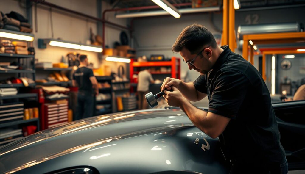A workshop filled with expert auto body repair techniques. In the foreground, a skilled technician carefully hammers out a dent on the fender of a sleek, modern vehicle. Surrounding the scene, the workshop is bathed in warm, focused lighting that illuminates the intricate steps of the repair process. In the middle ground, shelves loaded with specialized tools and supplies hint at the breadth of knowledge and experience required for high-quality collision repair. In the background, the workshop's state-of-the-art equipment, including a paint booth and heavy-duty lifts, convey the professional, meticulous nature of the service. The overall atmosphere exudes a sense of precision, dedication, and the culmination of years of mastery in the art of auto body repair.