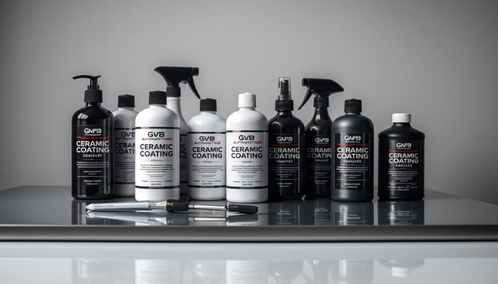 Elegant ceramic coating bottles and applicators arranged on a sleek, minimalist table. Soft, directional lighting highlights the glossy finishes and precise branding. The scene conveys a sense of professionalism, quality, and expertise in automotive detailing. A subtle reflection on the table's surface adds depth and a high-end aesthetic. The background is a clean, neutral grey, allowing the products to take center stage. Carefully curated to visually represent the "Quality Materials and Expert Application" section of the article. Elegant ceramic coating bottles and applicators arranged on a sleek, minimalist table. Soft, directional lighting highlights the glossy finishes and precise branding. The scene conveys a sense of professionalism, quality, and expertise in automotive detailing. A subtle reflection on the table's surface adds depth and a high-end aesthetic. The background is a clean, neutral grey, allowing the products to take center stage. Carefully curated to visually represent the "Quality Materials and Expert Application" section of the article.