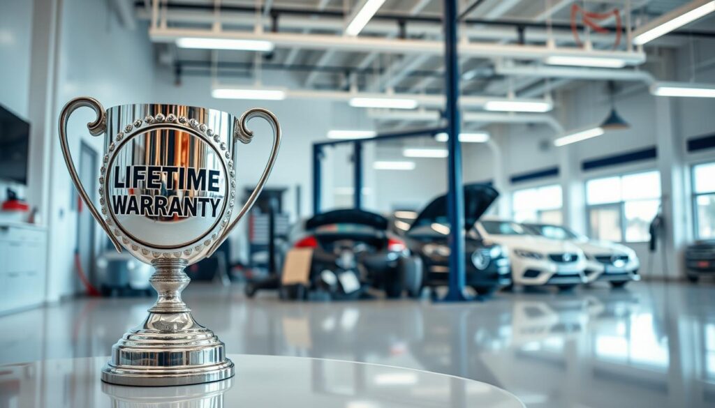 Prompt A sleek, modern workshop interior with bright lighting and pristine white walls. In the foreground, a large, shiny chrome trophy representing a lifetime warranty, its polished surface reflecting the surroundings. In the middle ground, a set of high-quality automotive tools and equipment, neatly organized and ready for use. In the background, a row of gleaming, well-maintained vehicles, showcasing the high level of care and attention to detail. The overall atmosphere conveys a sense of professionalism, reliability, and a commitment to customer satisfaction. Prompt A sleek, modern workshop interior with bright lighting and pristine white walls. In the foreground, a large, shiny chrome trophy representing a lifetime warranty, its polished surface reflecting the surroundings. In the middle ground, a set of high-quality automotive tools and equipment, neatly organized and ready for use. In the background, a row of gleaming, well-maintained vehicles, showcasing the high level of care and attention to detail. The overall atmosphere conveys a sense of professionalism, reliability, and a commitment to customer satisfaction.
