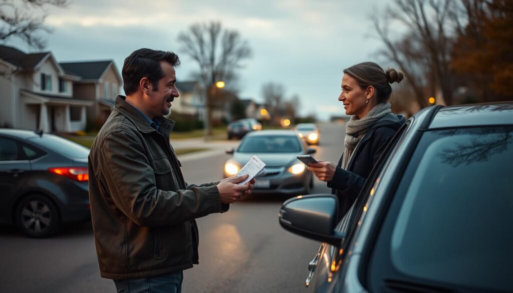 Two individuals standing on the side of the road, exchanging insurance and driver's license details after a minor car accident. The scene is set in a suburban neighborhood, with parked cars and residential houses in the background. Soft, warm lighting illuminates the faces of the drivers as they converse, conveying a sense of calm professionalism. The camera angle is low, slightly angled to capture the dynamic interaction between the two parties. The overall atmosphere is one of polite resolution, with both drivers cooperating to document the incident and fulfill their civic responsibilities. Two individuals standing on the side of the road, exchanging insurance and driver's license details after a minor car accident. The scene is set in a suburban neighborhood, with parked cars and residential houses in the background. Soft, warm lighting illuminates the faces of the drivers as they converse, conveying a sense of calm professionalism. The camera angle is low, slightly angled to capture the dynamic interaction between the two parties. The overall atmosphere is one of polite resolution, with both drivers cooperating to document the incident and fulfill their civic responsibilities.