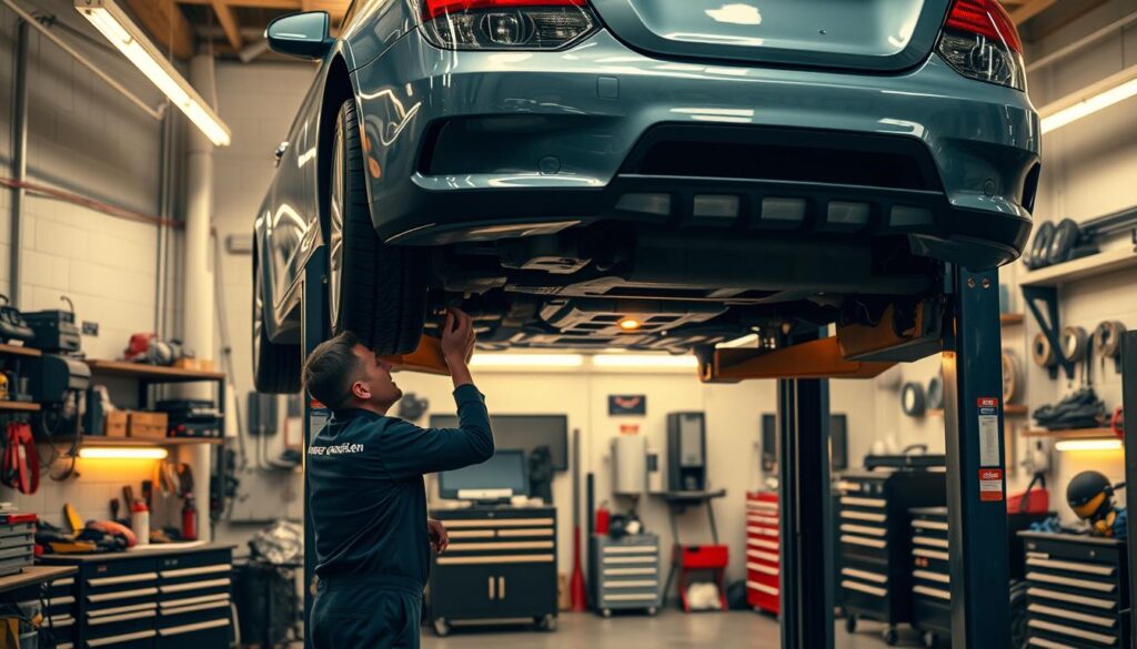 a well-lit, detailed workshop interior with a car on a lift, a mechanic inspecting the undercarriage, various tools and equipment neatly arranged, a bright, clean, and organized environment that conveys a sense of professional care and attention to maintaining vehicle warranties, the scene illuminated by warm, focused lighting that creates depth and highlights the intricate details of the service work, the car's paint gleaming under the light, the mechanic wearing a uniform and safety gear, conveying an atmosphere of diligence and expertise dedicated to preserving the vehicle's warranty