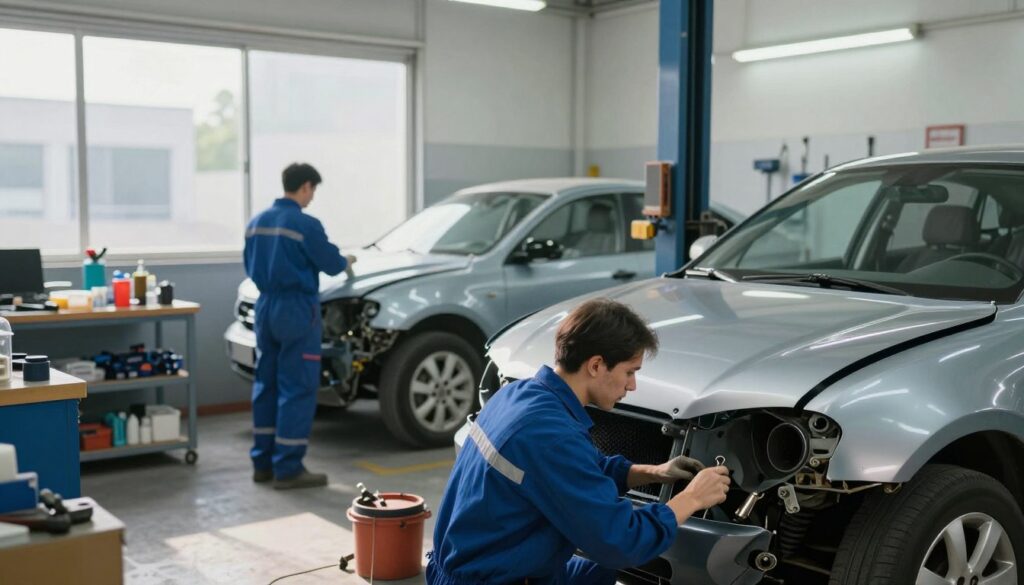 A bustling auto body service shop, showcasing professional technicians in blue uniforms meticulously repairing vehicles. In the foreground, a mechanic is focused on a car's damaged bumper, surrounded by tools and equipment. In the middle ground, another technician is working on a vehicle, with shining paint and well-organized workstations filled with auto parts. The background features a clean and bright workshop environment with large windows allowing natural light to flood in, creating an inviting atmosphere. Soft shadows add depth, and a slightly angled perspective captures the spaciousness of the shop. A slight sheen on the car surfaces reflects the attention to quality and detail, conveying a mood of professionalism and care in auto body service. A bustling auto body service shop, showcasing professional technicians in blue uniforms meticulously repairing vehicles. In the foreground, a mechanic is focused on a car's damaged bumper, surrounded by tools and equipment. In the middle ground, another technician is working on a vehicle, with shining paint and well-organized workstations filled with auto parts. The background features a clean and bright workshop environment with large windows allowing natural light to flood in, creating an inviting atmosphere. Soft shadows add depth, and a slightly angled perspective captures the spaciousness of the shop. A slight sheen on the car surfaces reflects the attention to quality and detail, conveying a mood of professionalism and care in auto body service.