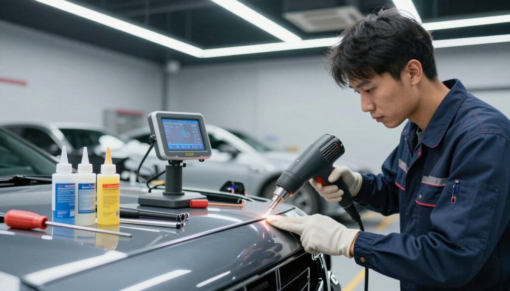 A modern auto repair shop showcasing innovative bumper repair techniques. In the foreground, a mechanic in professional attire skillfully uses a high-tech heat gun to reshape a damaged bumper, demonstrating precision and expertise. In the middle ground, advanced repair tools, including a digital measuring device and specialized adhesives, are neatly arranged on a workbench, highlighting technological advancements in equipment. The background features a well-organized garage with bright, overhead LED lighting that creates a clean, professional atmosphere. The angle captures the mechanic working diligently, emphasizing the focus and dedication present in modern auto repair practices. The mood is industrious and forward-thinking, with a sense of innovation permeating the entire scene. A modern auto repair shop showcasing innovative bumper repair techniques. In the foreground, a mechanic in professional attire skillfully uses a high-tech heat gun to reshape a damaged bumper, demonstrating precision and expertise. In the middle ground, advanced repair tools, including a digital measuring device and specialized adhesives, are neatly arranged on a workbench, highlighting technological advancements in equipment. The background features a well-organized garage with bright, overhead LED lighting that creates a clean, professional atmosphere. The angle captures the mechanic working diligently, emphasizing the focus and dedication present in modern auto repair practices. The mood is industrious and forward-thinking, with a sense of innovation permeating the entire scene.