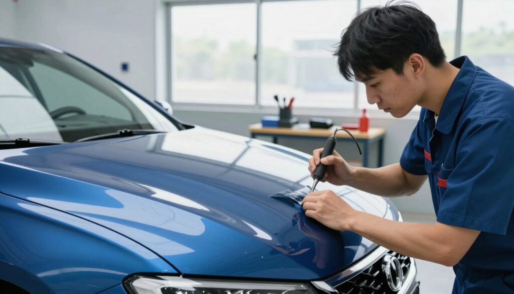 A professional auto technician in a clean, modern garage is applying paintless dent repair techniques to a sleek, metallic blue sedan. In the foreground, showcase the technician, wearing a uniform, focusing intently on a dent on the car's hood, using specialized tools to gently manipulate the metal back into place. The midground features the open garage filled with bright, natural light streaming through large windows, highlighting the reflection of the surrounding environment on the car's surface. In the background, display a well-organized workspace with tools and equipment related to dent repair. The overall atmosphere conveys a sense of precision, efficiency, and professionalism, emphasizing the advantages of paintless dent repair, such as cost-effectiveness and preservation of the vehicle's original paint. A professional auto technician in a clean, modern garage is applying paintless dent repair techniques to a sleek, metallic blue sedan. In the foreground, showcase the technician, wearing a uniform, focusing intently on a dent on the car's hood, using specialized tools to gently manipulate the metal back into place. The midground features the open garage filled with bright, natural light streaming through large windows, highlighting the reflection of the surrounding environment on the car's surface. In the background, display a well-organized workspace with tools and equipment related to dent repair. The overall atmosphere conveys a sense of precision, efficiency, and professionalism, emphasizing the advantages of paintless dent repair, such as cost-effectiveness and preservation of the vehicle's original paint.