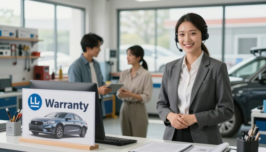 A professional customer service representative standing confidently at a bright, modern repair shop desk, wearing a neat business casual outfit. In the foreground, a large sign prominently displaying a "Lifetime Warranty" logo and images of shiny, dent-free cars. In the middle ground, a friendly interaction between the representative and a satisfied customer, showcasing a welcoming atmosphere. The background features an inviting repair bay with tools and equipment neatly organized, bathed in soft natural light filtering through large windows, creating a warm and reassuring mood. The angle is slightly above eye level, emphasizing the friendly engagement and the importance of customer service in a professional setting. A professional customer service representative standing confidently at a bright, modern repair shop desk, wearing a neat business casual outfit. In the foreground, a large sign prominently displaying a "Lifetime Warranty" logo and images of shiny, dent-free cars. In the middle ground, a friendly interaction between the representative and a satisfied customer, showcasing a welcoming atmosphere. The background features an inviting repair bay with tools and equipment neatly organized, bathed in soft natural light filtering through large windows, creating a warm and reassuring mood. The angle is slightly above eye level, emphasizing the friendly engagement and the importance of customer service in a professional setting.