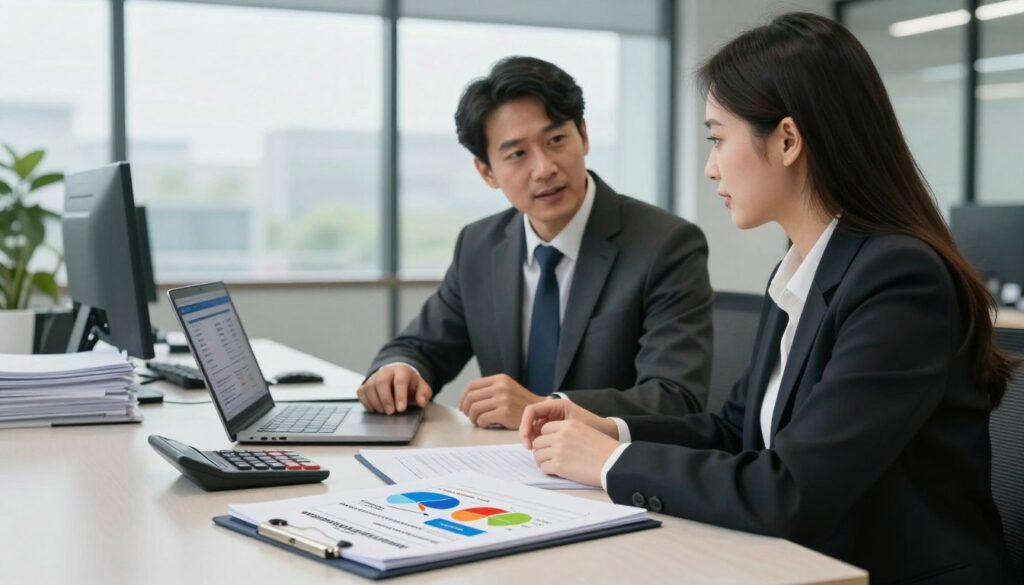 A professional office setting focused on insurance and warranty considerations for automotive repairs, featuring a sleek desk with a calculator and documents piled neatly. In the foreground, an open folder displays colorful charts illustrating cost breakdowns, including repair versus replacement estimates. The middle ground reveals a well-dressed insurance agent, a middle-aged man in a suit, engaged in a conversation with a client, a young woman in smart casual attire, looking at a laptop screen displaying relevant data. In the background, a modern office environment is visible with large windows, allowing soft, natural light to fill the space, creating a calm and professional atmosphere. The focus is on their collaboration, conveying the importance of understanding costs and warranties in a friendly yet informative mood. A professional office setting focused on insurance and warranty considerations for automotive repairs, featuring a sleek desk with a calculator and documents piled neatly. In the foreground, an open folder displays colorful charts illustrating cost breakdowns, including repair versus replacement estimates. The middle ground reveals a well-dressed insurance agent, a middle-aged man in a suit, engaged in a conversation with a client, a young woman in smart casual attire, looking at a laptop screen displaying relevant data. In the background, a modern office environment is visible with large windows, allowing soft, natural light to fill the space, creating a calm and professional atmosphere. The focus is on their collaboration, conveying the importance of understanding costs and warranties in a friendly yet informative mood.