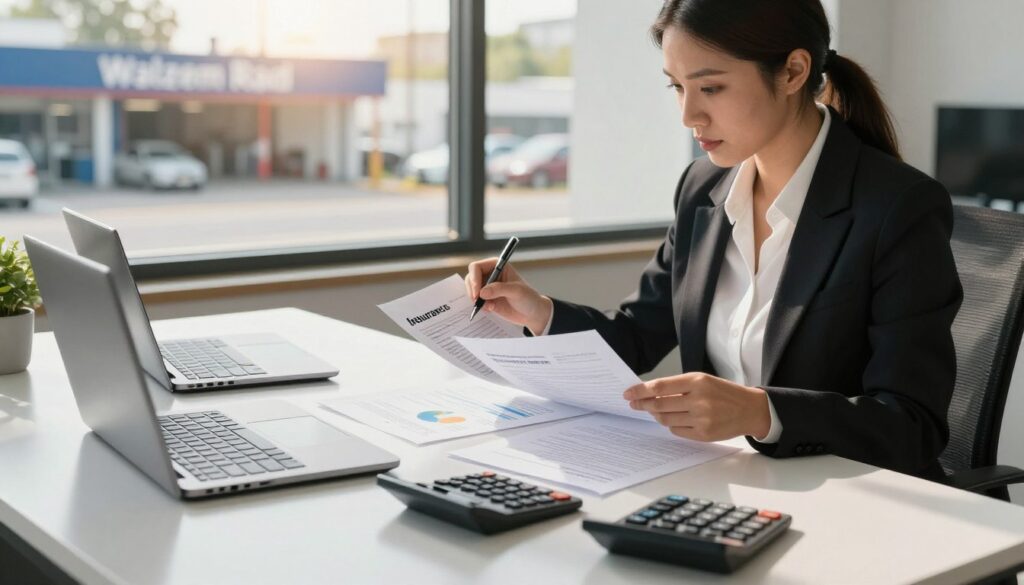A professional woman in a business suit is seated at a sleek, modern desk in a well-lit office, reviewing multiple insurance policy documents spread out before her, highlighting sections with a pen. In the foreground, there are a few strategically placed closed laptops and a calculator, reflecting a sense of organization and focus. The middle layer features a detailed view of the documents, with clear charts and graphs illustrating deductible discounts. In the background, a large window offers a view of an auto body shop near Walzem Road, bathed in warm, natural light, suggesting a sunny day outside. The overall atmosphere conveys a feeling of determination and clarity as she navigates the complexities of insurance policies to understand deductible discounts. A professional woman in a business suit is seated at a sleek, modern desk in a well-lit office, reviewing multiple insurance policy documents spread out before her, highlighting sections with a pen. In the foreground, there are a few strategically placed closed laptops and a calculator, reflecting a sense of organization and focus. The middle layer features a detailed view of the documents, with clear charts and graphs illustrating deductible discounts. In the background, a large window offers a view of an auto body shop near Walzem Road, bathed in warm, natural light, suggesting a sunny day outside. The overall atmosphere conveys a feeling of determination and clarity as she navigates the complexities of insurance policies to understand deductible discounts.