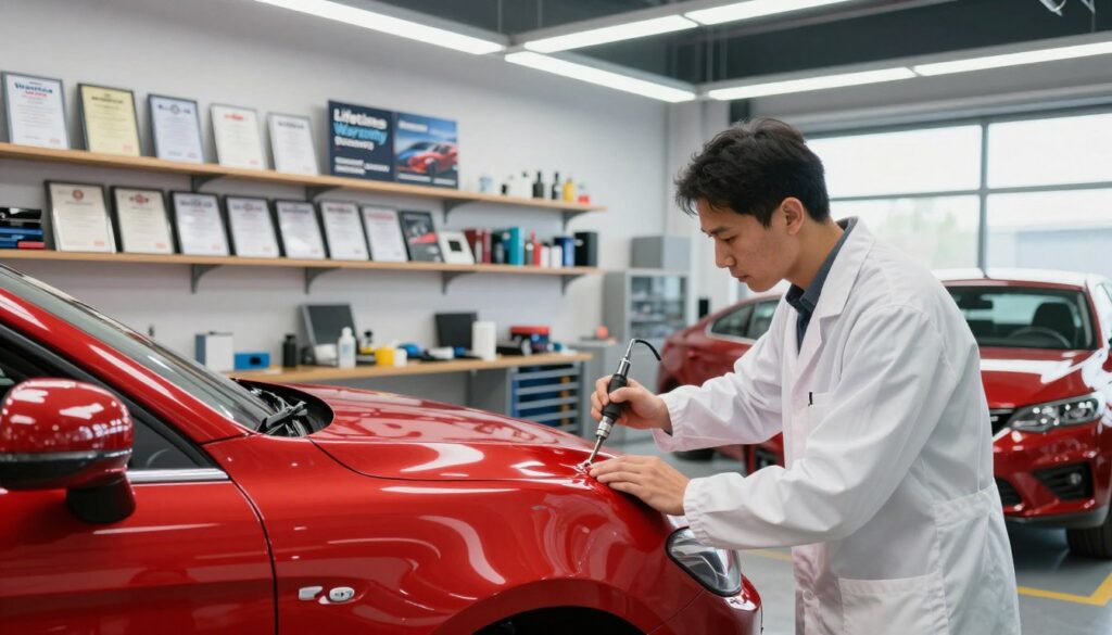 A professionally designed auto body shop interior showcasing a vibrant display of vehicles awaiting paint repair. In the foreground, a shiny red car is being worked on, with a technician in a white lab coat using specialized tools to check the paint quality. The middle ground features shelves lined with warranty certificates and brochures emphasizing "Lifetime Warranty" and "Deductible Discounts" prominently displayed, conveying trust and peace of mind. The background shows a modern workshop with bright fluorescent lighting, clean and well-organized tools, and a large window letting in natural light, creating an inviting atmosphere. The mood is one of professionalism and assurance, underscoring the reliability of the services offered, reinforcing a sense of confidence for vehicle owners. A professionally designed auto body shop interior showcasing a vibrant display of vehicles awaiting paint repair. In the foreground, a shiny red car is being worked on, with a technician in a white lab coat using specialized tools to check the paint quality. The middle ground features shelves lined with warranty certificates and brochures emphasizing "Lifetime Warranty" and "Deductible Discounts" prominently displayed, conveying trust and peace of mind. The background shows a modern workshop with bright fluorescent lighting, clean and well-organized tools, and a large window letting in natural light, creating an inviting atmosphere. The mood is one of professionalism and assurance, underscoring the reliability of the services offered, reinforcing a sense of confidence for vehicle owners.