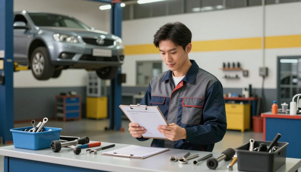 A serene auto repair shop interior, focused on a clean, well-organized workbench in the foreground, featuring tools neatly arranged for a smooth repair experience. In the middle, a friendly mechanic in professional attire, demonstrating a checklist of tips, with a clipboard in hand, showcasing a calm demeanor. The background reveals soft lighting illuminating a well-stocked repair area, with a car safely lifted in a service bay, surrounded by bright and welcoming colors. An ambiance of professionalism and trust is created, highlighting the importance of communication and efficiency in car repairs. Capture the image at eye level, using a soft, diffused light to enhance the mood, emphasizing cleanliness and orderliness without any text or distractions. A serene auto repair shop interior, focused on a clean, well-organized workbench in the foreground, featuring tools neatly arranged for a smooth repair experience. In the middle, a friendly mechanic in professional attire, demonstrating a checklist of tips, with a clipboard in hand, showcasing a calm demeanor. The background reveals soft lighting illuminating a well-stocked repair area, with a car safely lifted in a service bay, surrounded by bright and welcoming colors. An ambiance of professionalism and trust is created, highlighting the importance of communication and efficiency in car repairs. Capture the image at eye level, using a soft, diffused light to enhance the mood, emphasizing cleanliness and orderliness without any text or distractions.