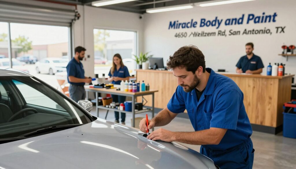 A vibrant auto body shop scene showcasing "Miracle Body and Paint" at 4650 Walzem Rd, San Antonio, TX. In the foreground, a professional auto technician in a blue uniform meticulously inspecting a freshly painted car with a glossy finish. The middle of the image features the shop's well-organized workspace, including tools, paint supplies, and a welcoming reception area with friendly staff in professional attire. In the background, large windows flood the scene with natural light, illuminating the shop's clean, modern interior. The mood is positive and inviting, highlighting the expertise and customer service of Miracle Body and Paint. The composition is shot at a slight angle to emphasize depth and activity, with warm lighting creating an optimistic atmosphere, conducive to professional auto body work. A vibrant auto body shop scene showcasing "Miracle Body and Paint" at 4650 Walzem Rd, San Antonio, TX. In the foreground, a professional auto technician in a blue uniform meticulously inspecting a freshly painted car with a glossy finish. The middle of the image features the shop's well-organized workspace, including tools, paint supplies, and a welcoming reception area with friendly staff in professional attire. In the background, large windows flood the scene with natural light, illuminating the shop's clean, modern interior. The mood is positive and inviting, highlighting the expertise and customer service of Miracle Body and Paint. The composition is shot at a slight angle to emphasize depth and activity, with warm lighting creating an optimistic atmosphere, conducive to professional auto body work.
