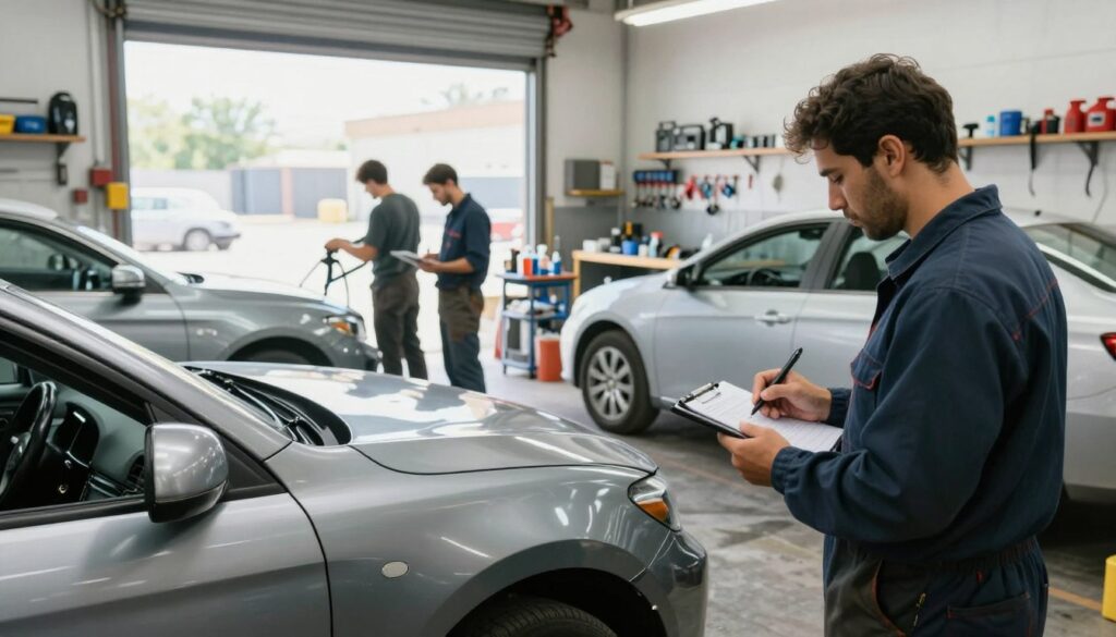 A bustling auto body repair shop in San Antonio, showcasing several cars in various stages of repair. In the foreground, a mechanic, dressed in a professional work uniform, examines a car's damaged fender while taking notes on a tablet. In the middle ground, another technician is working on a spray booth, with paint and tools organized neatly around. The background features a large window allowing natural light to flood the space, illuminating various automotive parts and tools hanging on the walls. The atmosphere is industrious yet organized, highlighting quality workmanship. The lighting is bright, creating a clear, detailed view of the environment, captured from a slightly low angle to emphasize the activity and the professionalism of the workspace.