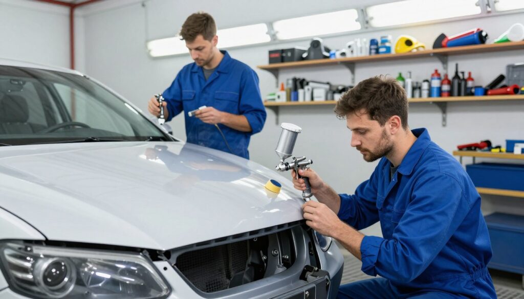 A bustling auto body repair shop, showcasing the process of collision repair. In the foreground, a skilled technician in a blue coverall is carefully inspecting a damaged car's front bumper. In the middle ground, another technician is applying a fresh coat of paint to a side panel, with tools like a spray gun and sandpaper scattered around. The background features shelves stocked with various auto repair parts and tools. Bright overhead lights illuminate the scene, creating a clean and professional atmosphere. The overall mood is industrious and meticulous, reflecting the detailed work involved in restoring vehicles after an accident. The composition balances technical precision with a sense of teamwork in a modern workshop setting. A bustling auto body repair shop, showcasing the process of collision repair. In the foreground, a skilled technician in a blue coverall is carefully inspecting a damaged car's front bumper. In the middle ground, another technician is applying a fresh coat of paint to a side panel, with tools like a spray gun and sandpaper scattered around. The background features shelves stocked with various auto repair parts and tools. Bright overhead lights illuminate the scene, creating a clean and professional atmosphere. The overall mood is industrious and meticulous, reflecting the detailed work involved in restoring vehicles after an accident. The composition balances technical precision with a sense of teamwork in a modern workshop setting.